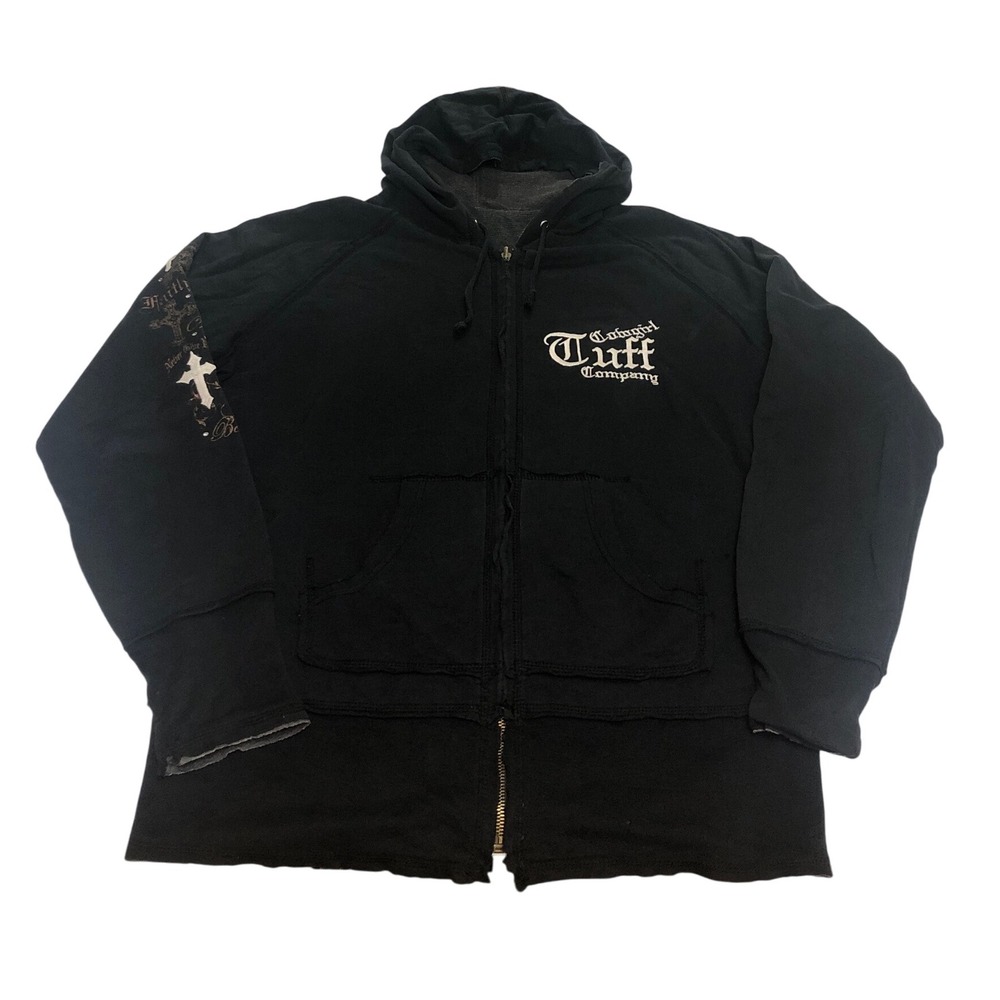 Cowgirl‎ Tuff Womens Black Graphic Cross Zip Up Hoodie LG Reversible Distressed